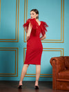 Women Red Frill Neck Bodycon Midi Dress