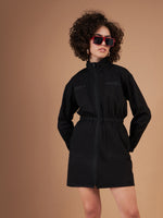Women Black Twill Front Zipper Mini Dress