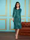 Women Green Sequin V-Neck Midi Dress