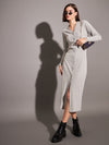 Women Grey Rib Front Button Midi Dress