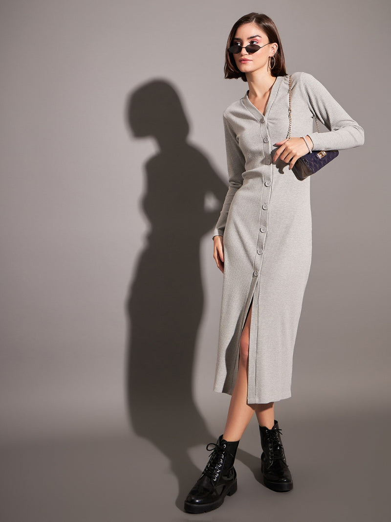Women Grey Rib Front Button Midi Dress