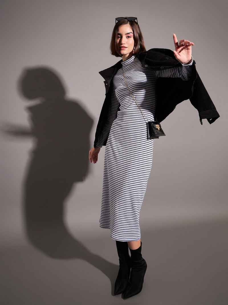 Women Black & White Striped Rib High Neck Maxi Dress