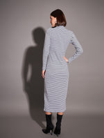 Women Black & White Striped Rib High Neck Maxi Dress