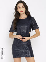 Navy Sequin Side Cut Dress