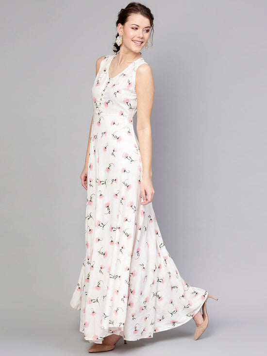 White Floral Sleeveless Flared Maxi