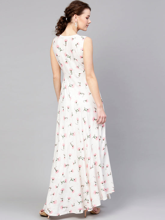 White Floral Sleeveless Flared Maxi