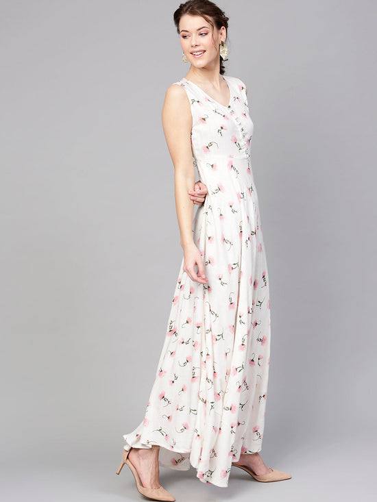 White Floral Sleeveless Flared Maxi