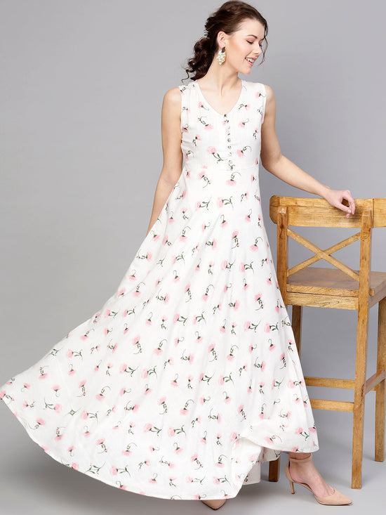 White Floral Sleeveless Flared Maxi