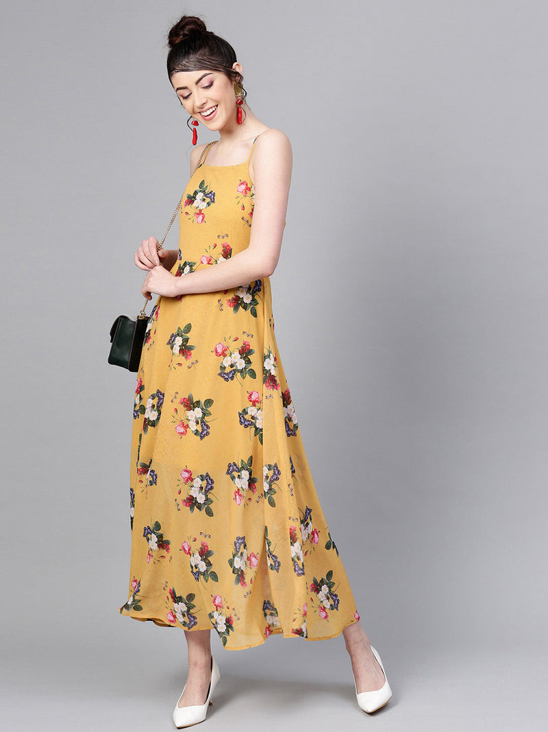 Mustard Floral Strappy Flared Maxi