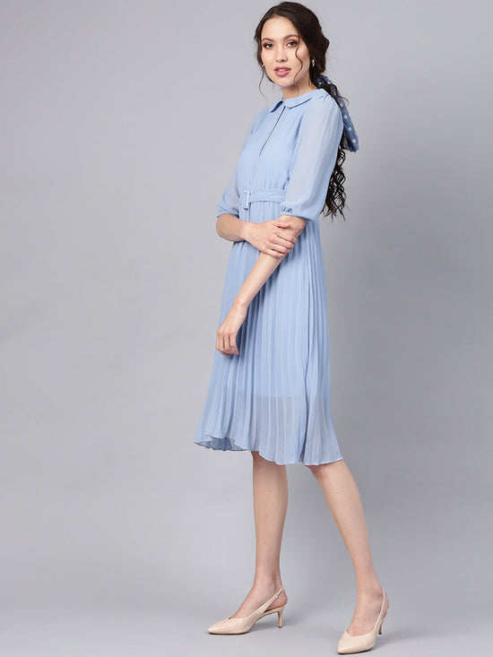 Blue Peterpan Pleated Belted Midi Dress