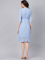 Blue Peterpan Pleated Belted Midi Dress