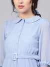 Blue Peterpan Pleated Belted Midi Dress