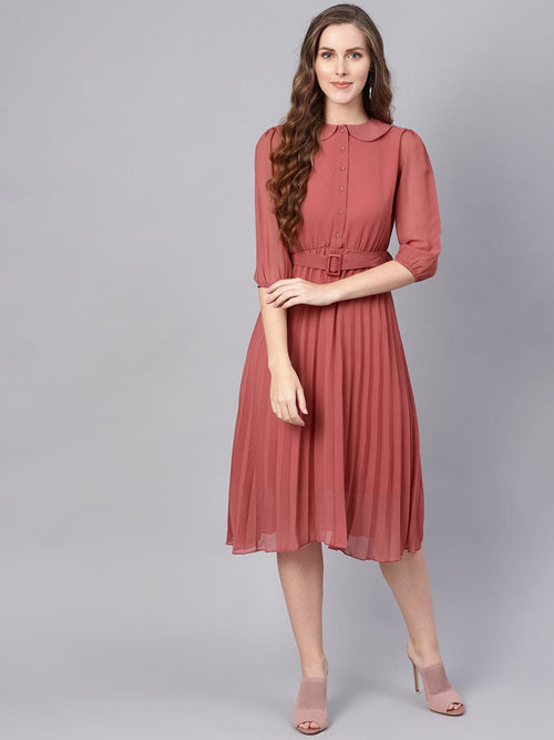 Rose Pink Peterpan Belted Pleated Midi Dress