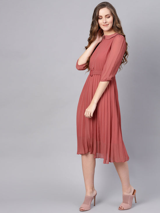 Rose Pink Peterpan Belted Pleated Midi Dress