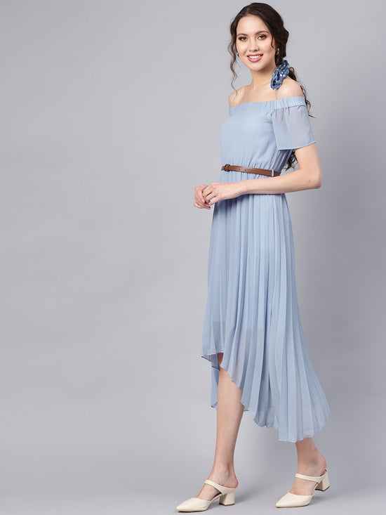 Blue Off Shoulder High Low Belted Pleated Dress