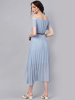 Blue Off Shoulder High Low Belted Pleated Dress