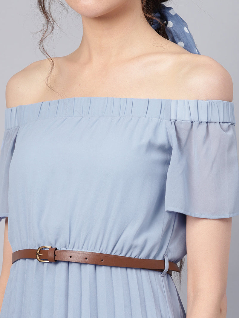 Blue Off Shoulder High Low Belted Pleated Dress