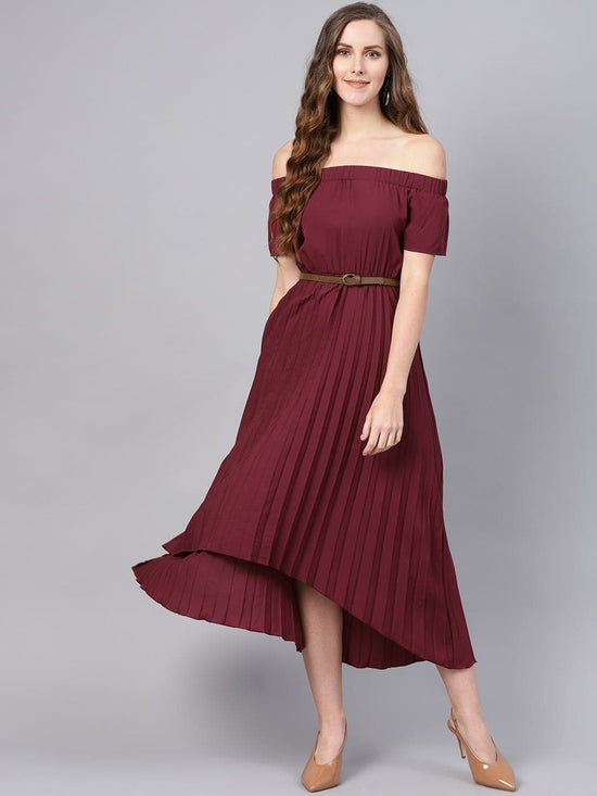 Burgundy Off Shoulder High Low Belted Pleated Dress