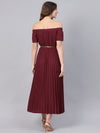 Burgundy Off Shoulder High Low Belted Pleated Dress