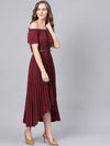 Burgundy Off Shoulder High Low Belted Pleated Dress