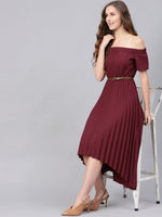 Burgundy Off Shoulder High Low Belted Pleated Dress