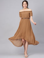 Brown Off Shoulder High Low Belted Pleated Dress