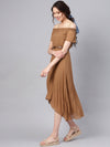 Brown Off Shoulder High Low Belted Pleated Dress