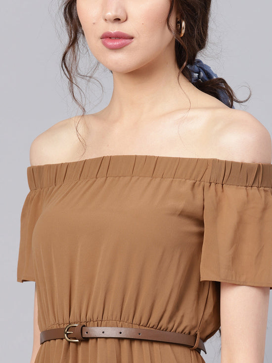 Brown Off Shoulder High Low Belted Pleated Dress