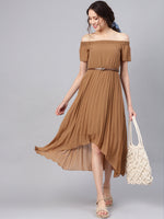 Brown Off Shoulder High Low Belted Pleated Dress