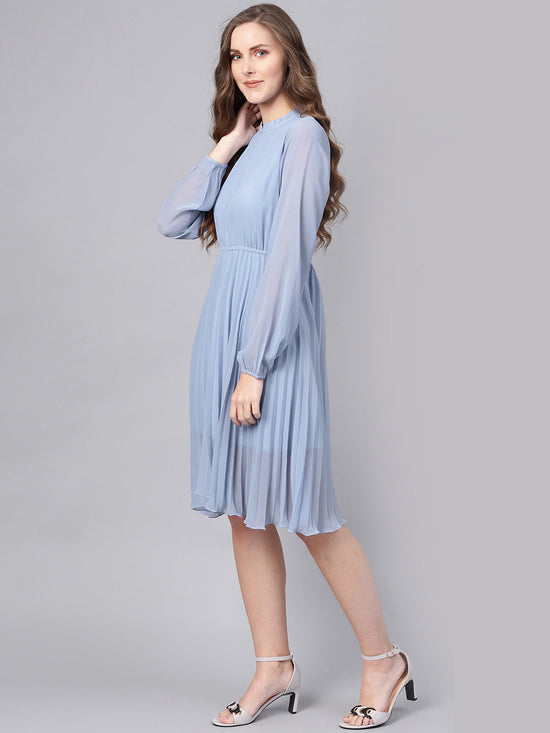 Blue Mandrain Collar Pleated Skater Dress