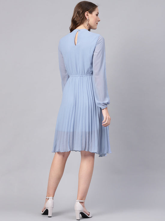 Blue Mandrain Collar Pleated Skater Dress