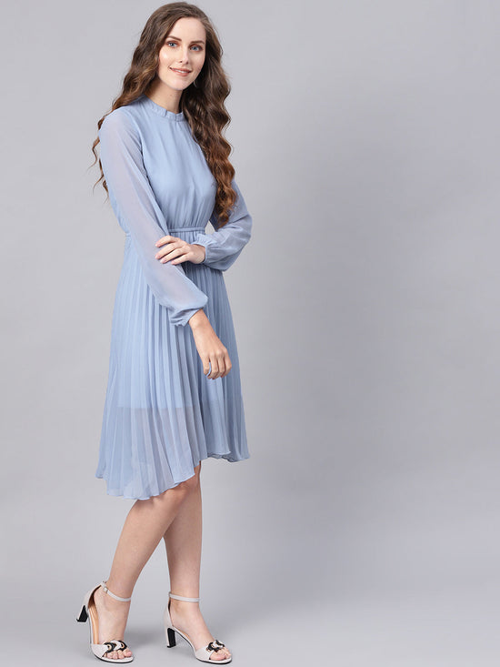 Blue Mandrain Collar Pleated Skater Dress