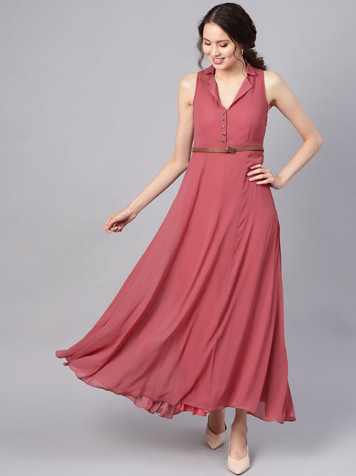 Rose Pink Notched Collar Belted Maxi