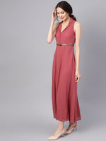 Rose Pink Notched Collar Belted Maxi