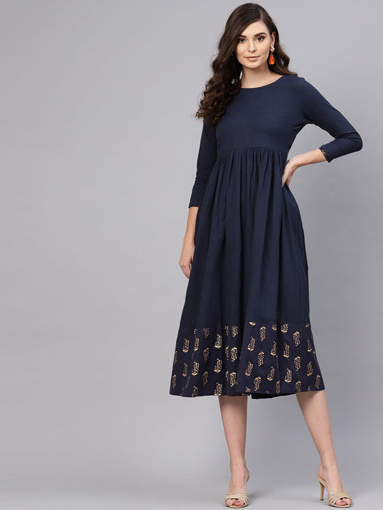 Navy Foil Printed Gathered Dress