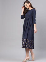 Navy Foil Printed Gathered Dress