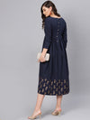 Navy Foil Printed Gathered Dress