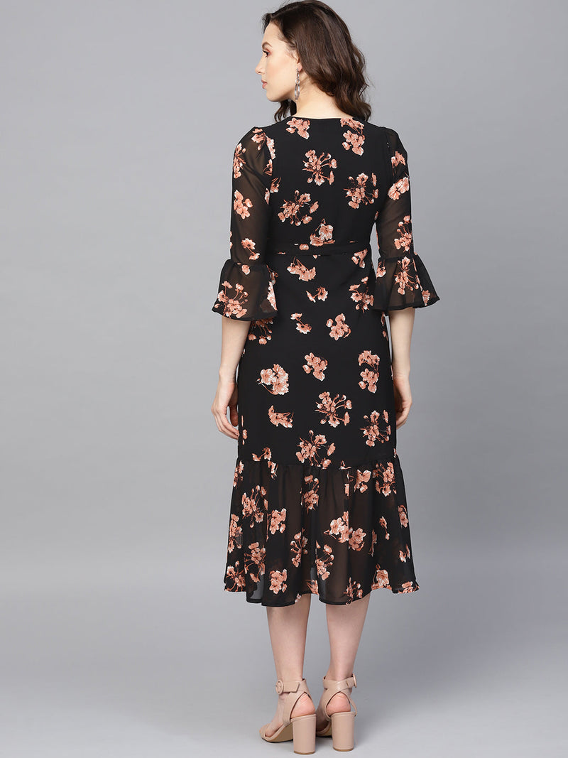 Wholesale Black Floral Wrap Tie Dress – Tradyl