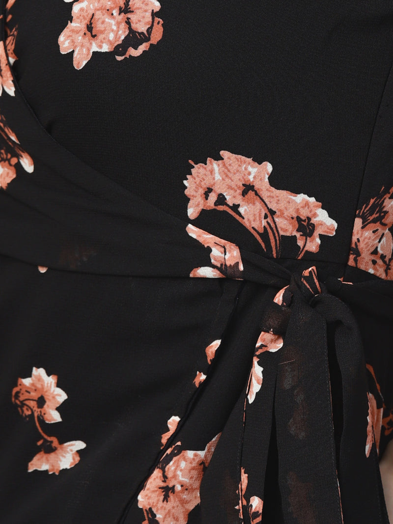 Black Floral Wrap Tie Dress