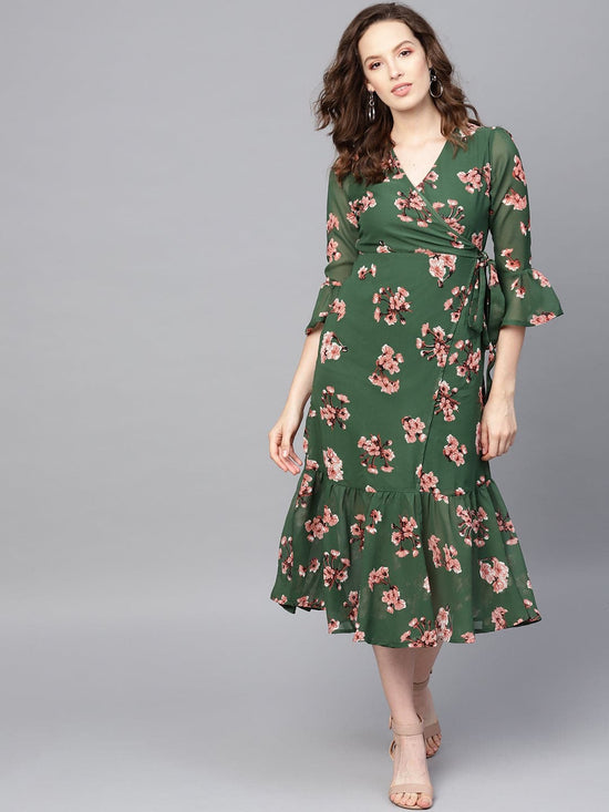 Green Floral Wrap Tie Dress