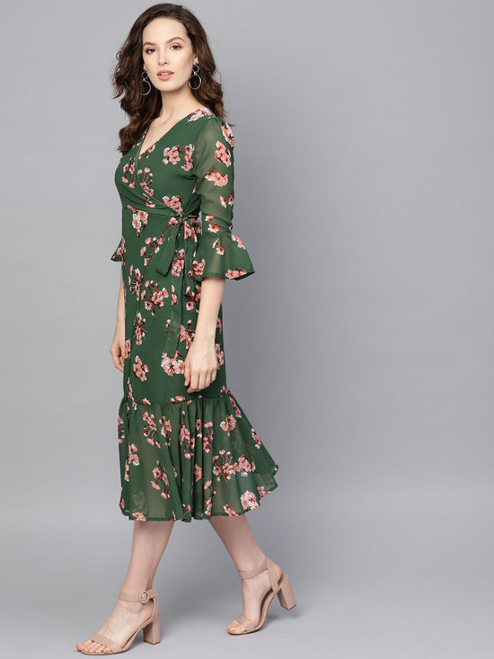 Green Floral Wrap Tie Dress