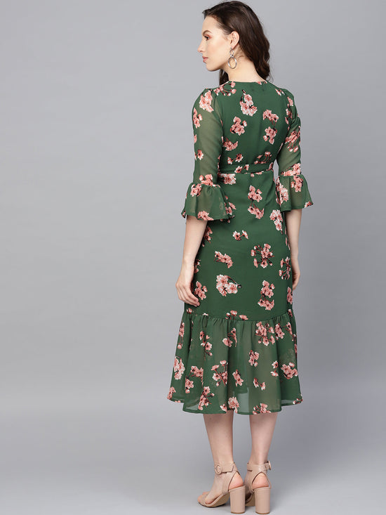 Green Floral Wrap Tie Dress