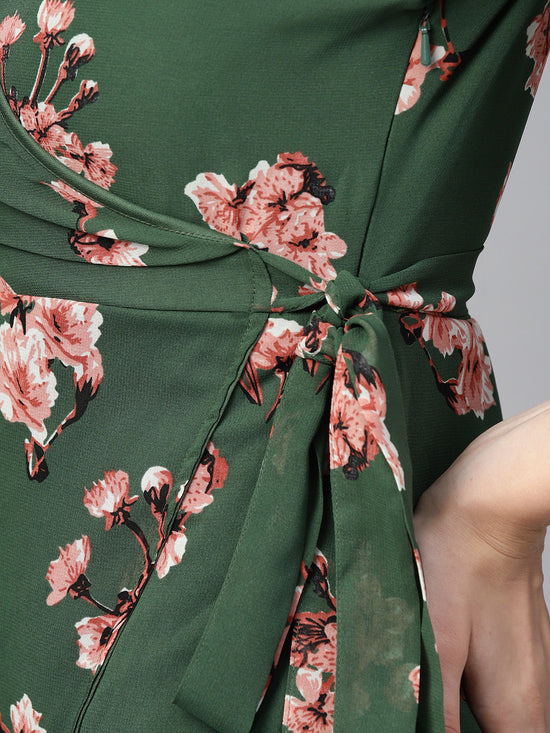 Green Floral Wrap Tie Dress