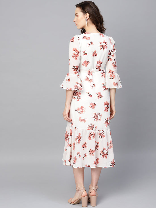 White Floral Wrap Tie Dress