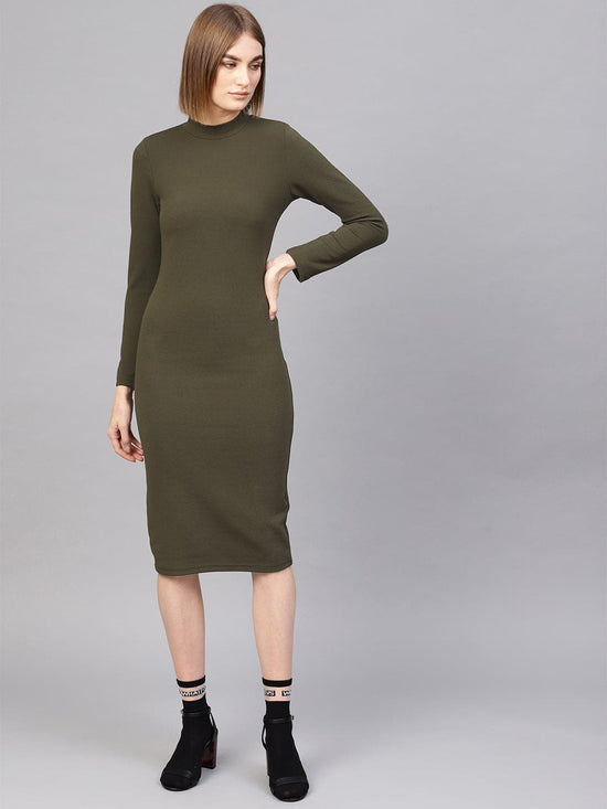 Olive High Neck Bodycon Midi Dress