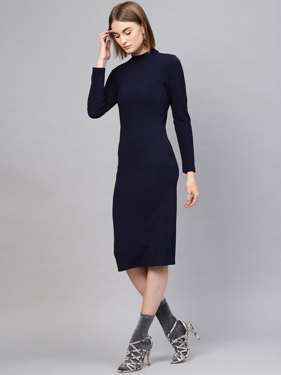 Navy High Neck Bodycon Midi Dress