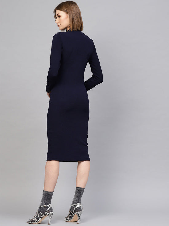 Navy High Neck Bodycon Midi Dress