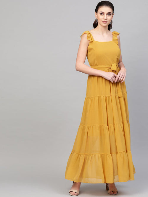 Mustard Strappy Frill Tiered Maxi