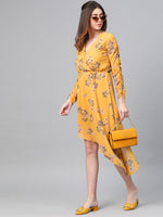 Mustard Floral Wrap Asymmetric Dress