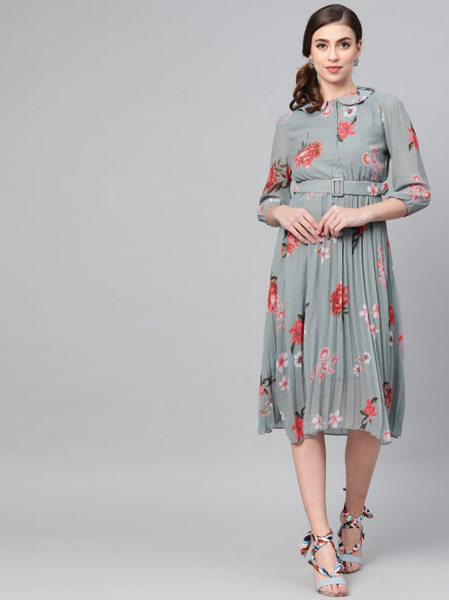 Steel Blue Floral Peterpan Collar Pleated Dress